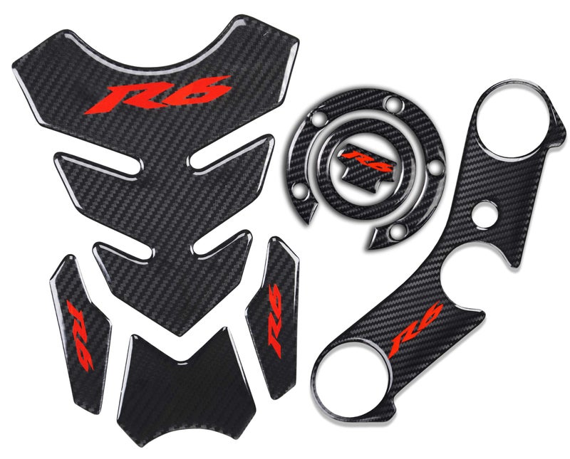 REVSOSTAR Real Carbon Fibre Gas Cap, Triple Tree Front End Upper, Top Clamp Decal Stickers, Tank Pad, Tank Protector for R6, 3 Pcs Per Set